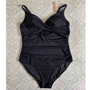 Shapellx Womens XXL Black One Piece Swimsuit Ruched Tummy Control Wrap Keyhole